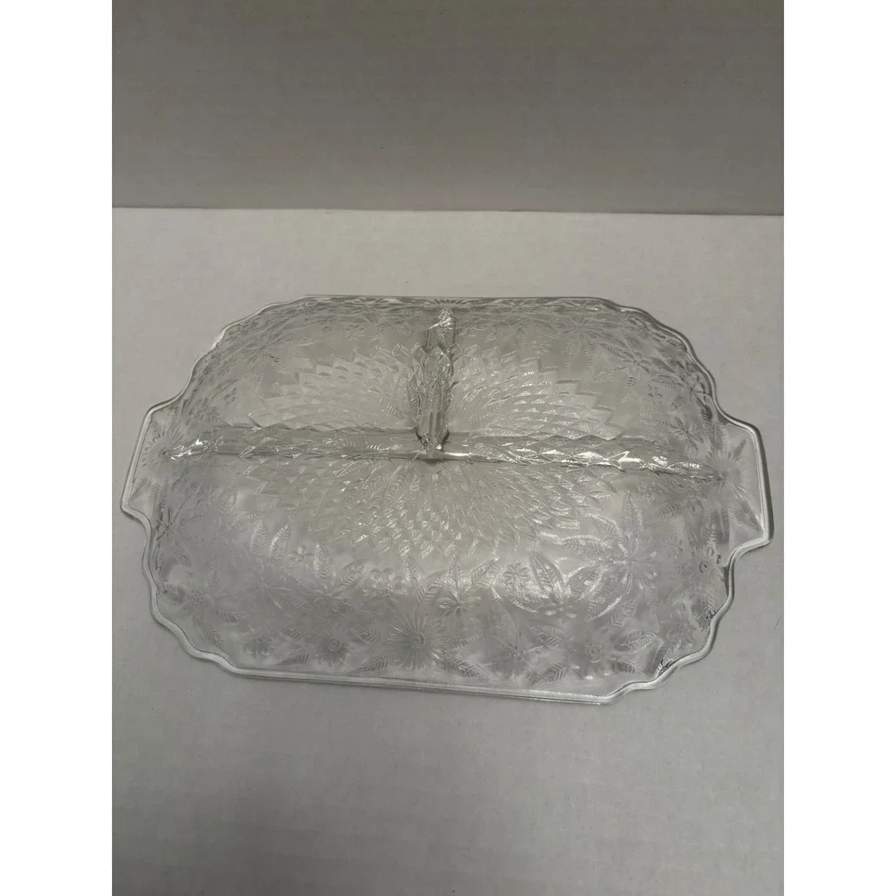 Vintage Clear Pressed Glass Divided Relish Dish Floral‎ Sunburst 3 Compartment